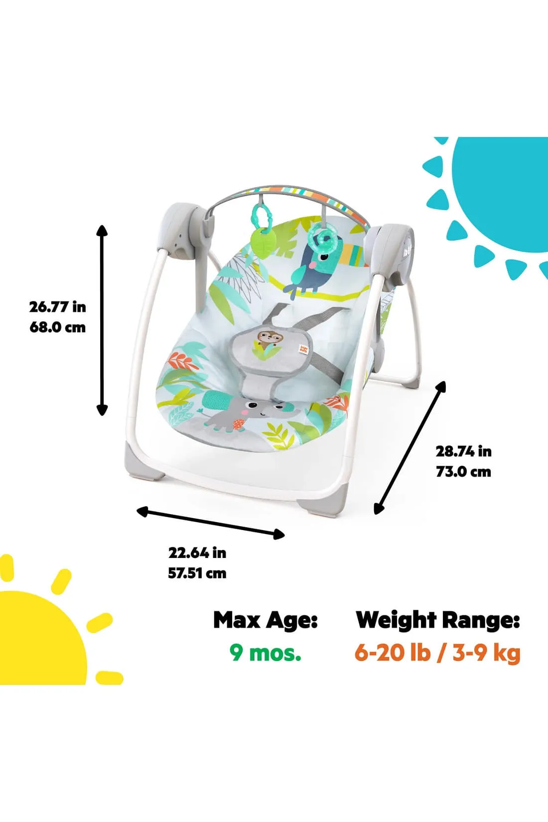 Bright Starts Rainforest Vibes 6-Speed Portable Automatic Baby Swing with Toy Bar