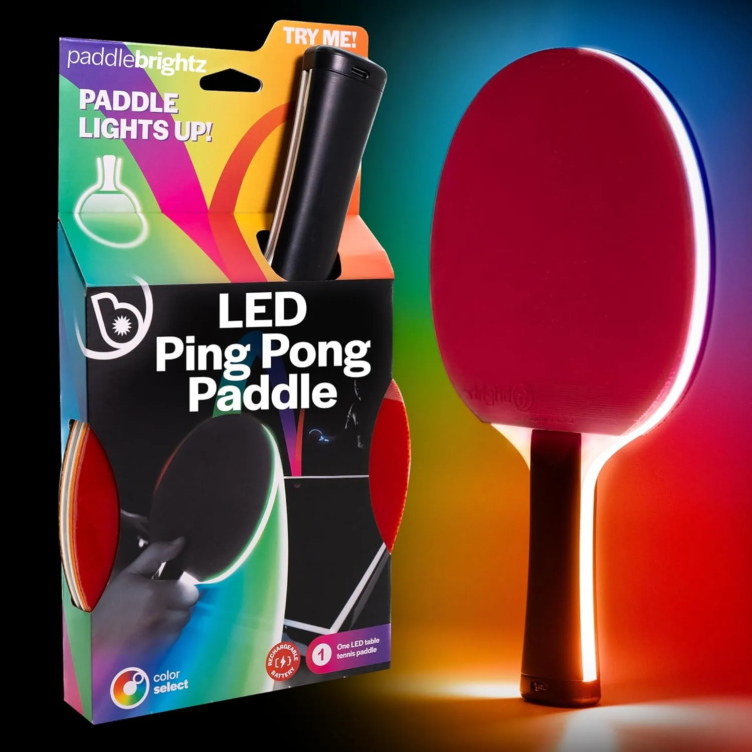Brightz PaddleBrightz LED Ping Pong Paddle - Electrifies Your Matches! - 6 Solid Color   Color Changing Modes - Premium Sponge & Rubber for Ultimate Control & Spin - Flared Handle for Improved Grip