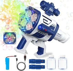 Bubble Machine Gun for Kids - No Dip Bazooka Bubble Gun with Colorful Lights, 20-Hole Rechargeable Electric Bubble Blaster Shooter, Outdoor Summer Toys Gifts for Boys Girls, Party Favors, Blue
