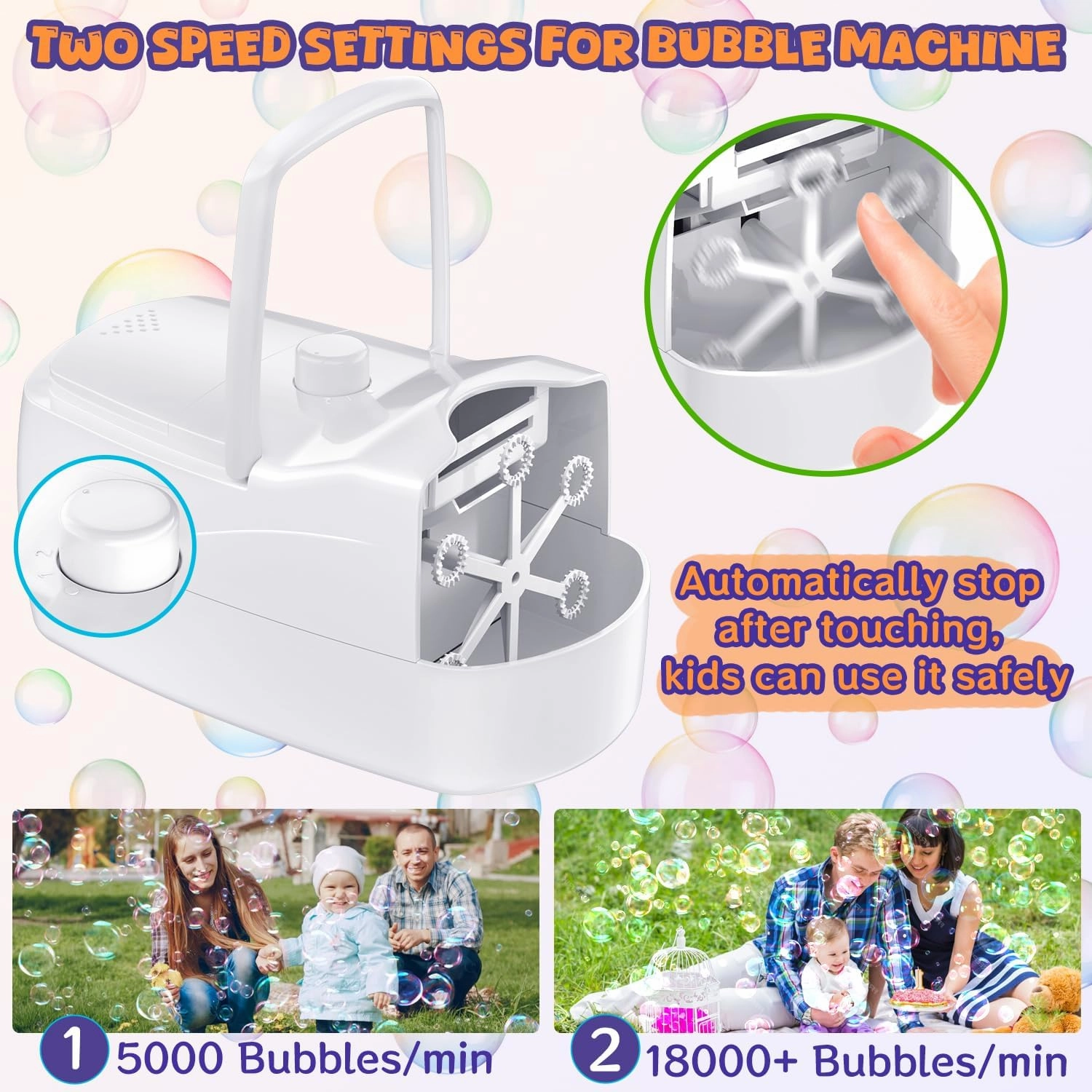 Bubble Machine, Automatic 18000  Per Minute Big Bubbles Blower Maker for Kids Toddlers with 2 Speeds,6 Wands,Operated by Plugin or Batteries for Outdoor/Indoor Birthday Parties,Wedding (White)