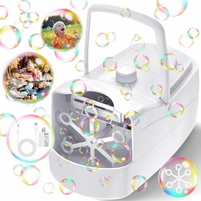 Bubble Machine, Automatic 18000  Per Minute Big Bubbles Blower Maker for Kids Toddlers with 2 Speeds,6 Wands,Operated by Plugin or Batteries for Outdoor/Indoor Birthday Parties,Wedding (White)