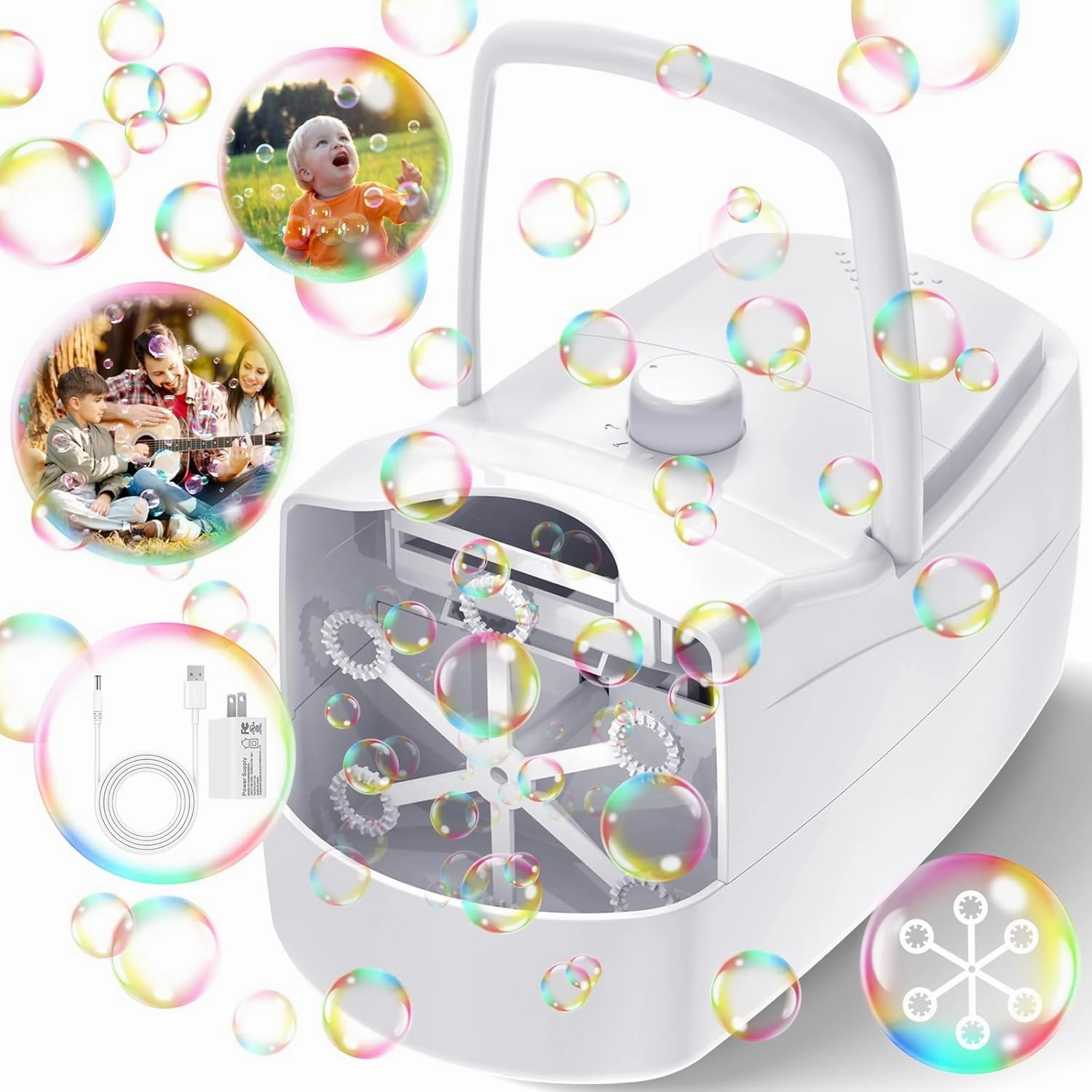 Bubble Machine, Automatic 18000  Per Minute Big Bubbles Blower Maker for Kids Toddlers with 2 Speeds,6 Wands,Operated by Plugin or Batteries for Outdoor/Indoor Birthday Parties,Wedding (White)