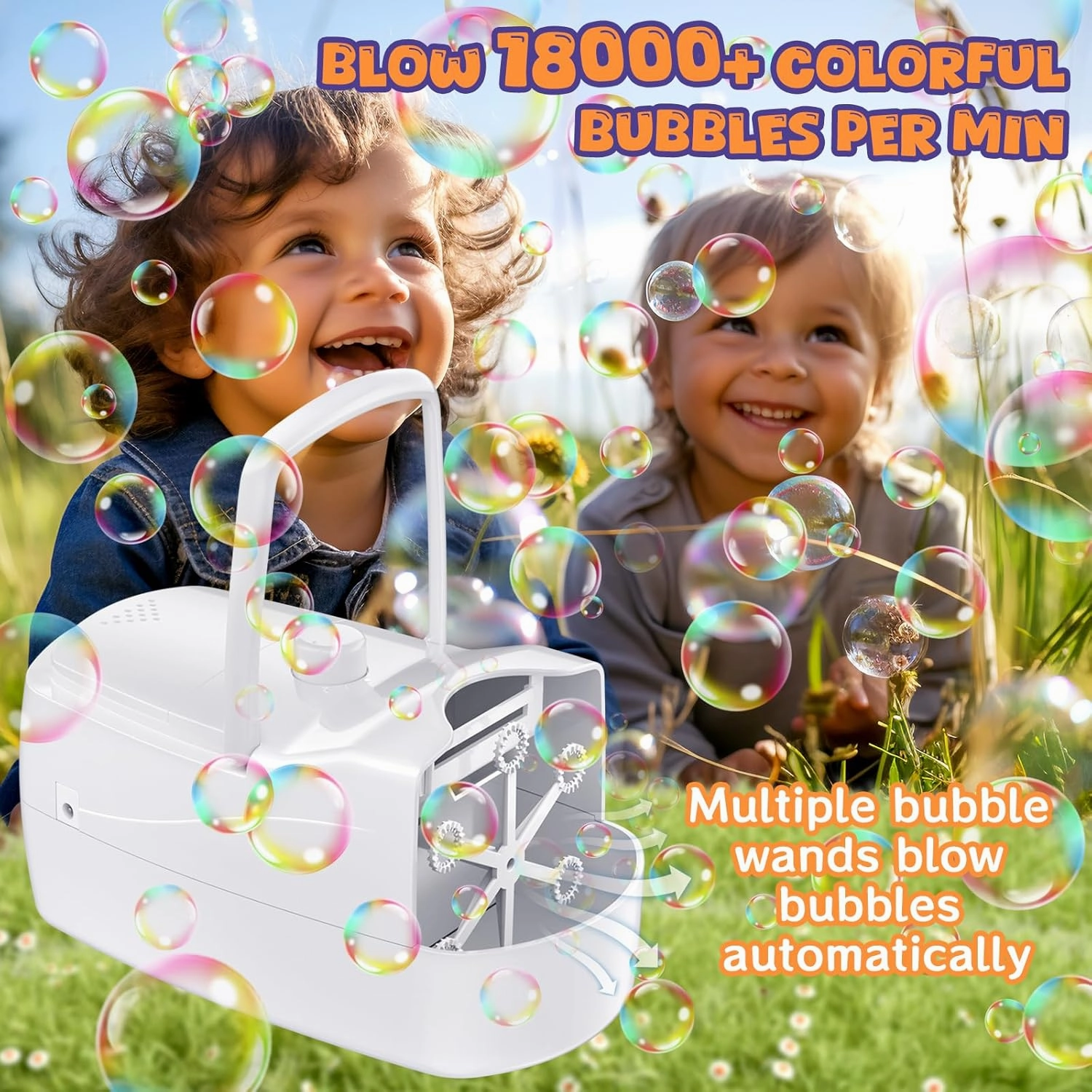 Bubble Machine, Automatic 18000  Per Minute Big Bubbles Blower Maker for Kids Toddlers with 2 Speeds,6 Wands,Operated by Plugin or Batteries for Outdoor/Indoor Birthday Parties,Wedding (White)