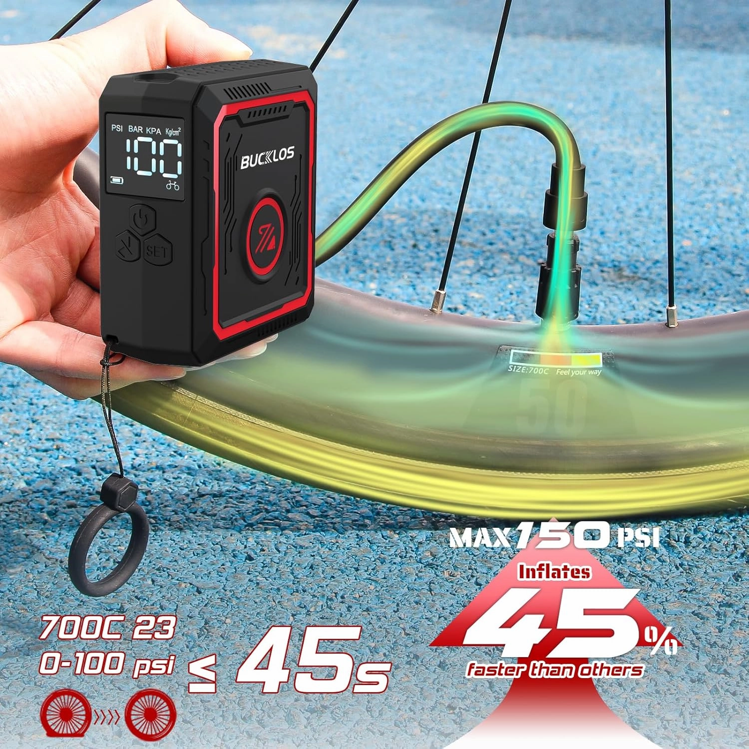 BUCKLOS Mini Bike Pump Electric Portable Max 150PSI with Digital Pressure Gauge, Tiny Bicycle Tire Pump Auto Stop, Rechargeable Air Pumps, Presta and Schrader Valve for Road Mountain Bike, E-Bike