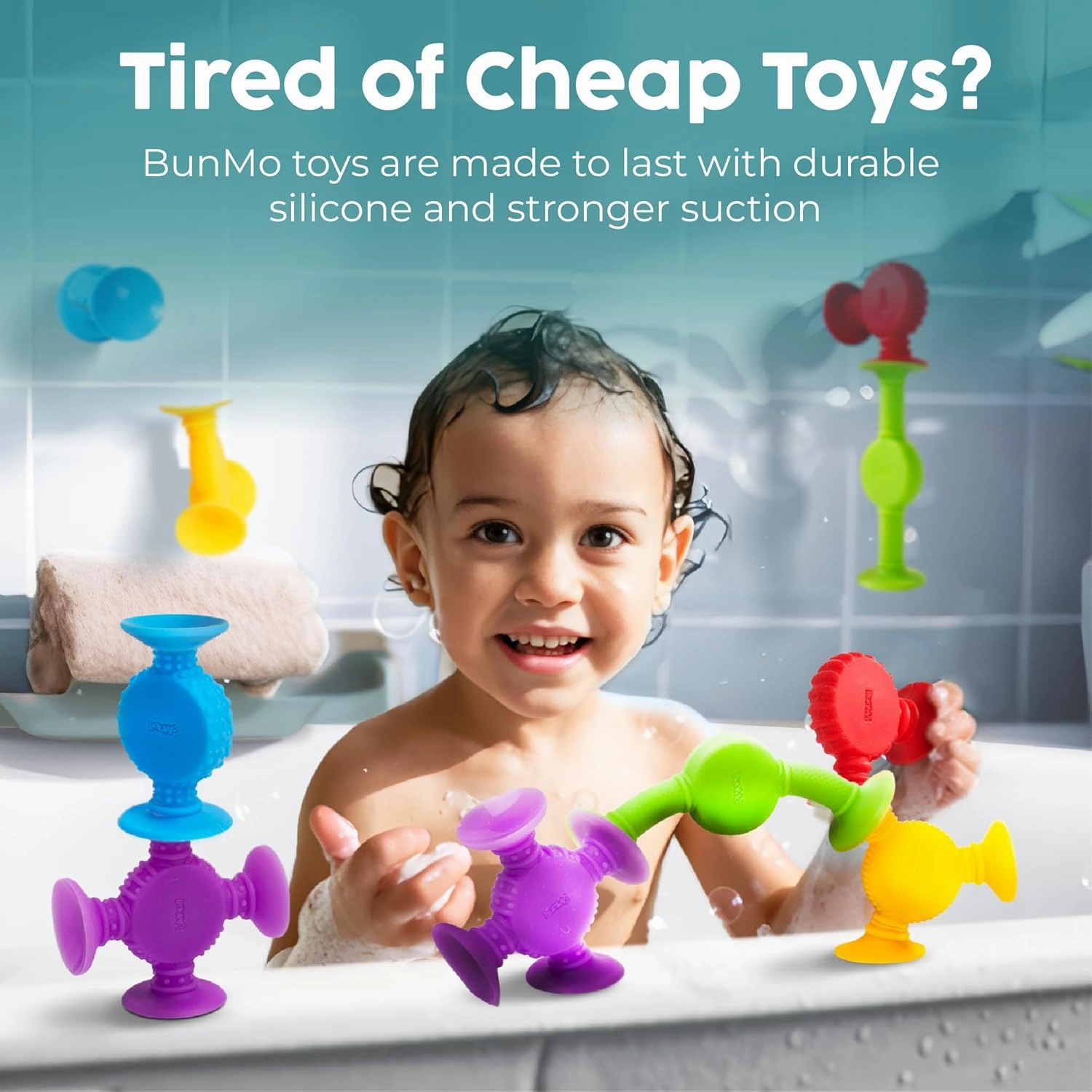 BUNMO Suction Bath Toys - Connect, Build, Create - Bath Toy - Hours of Fun & Creativity - Fine Motor Skills - Captivating & Stimulating Sensory Toy - Non-Mouthable Toy 3  - Textured 44 Pack