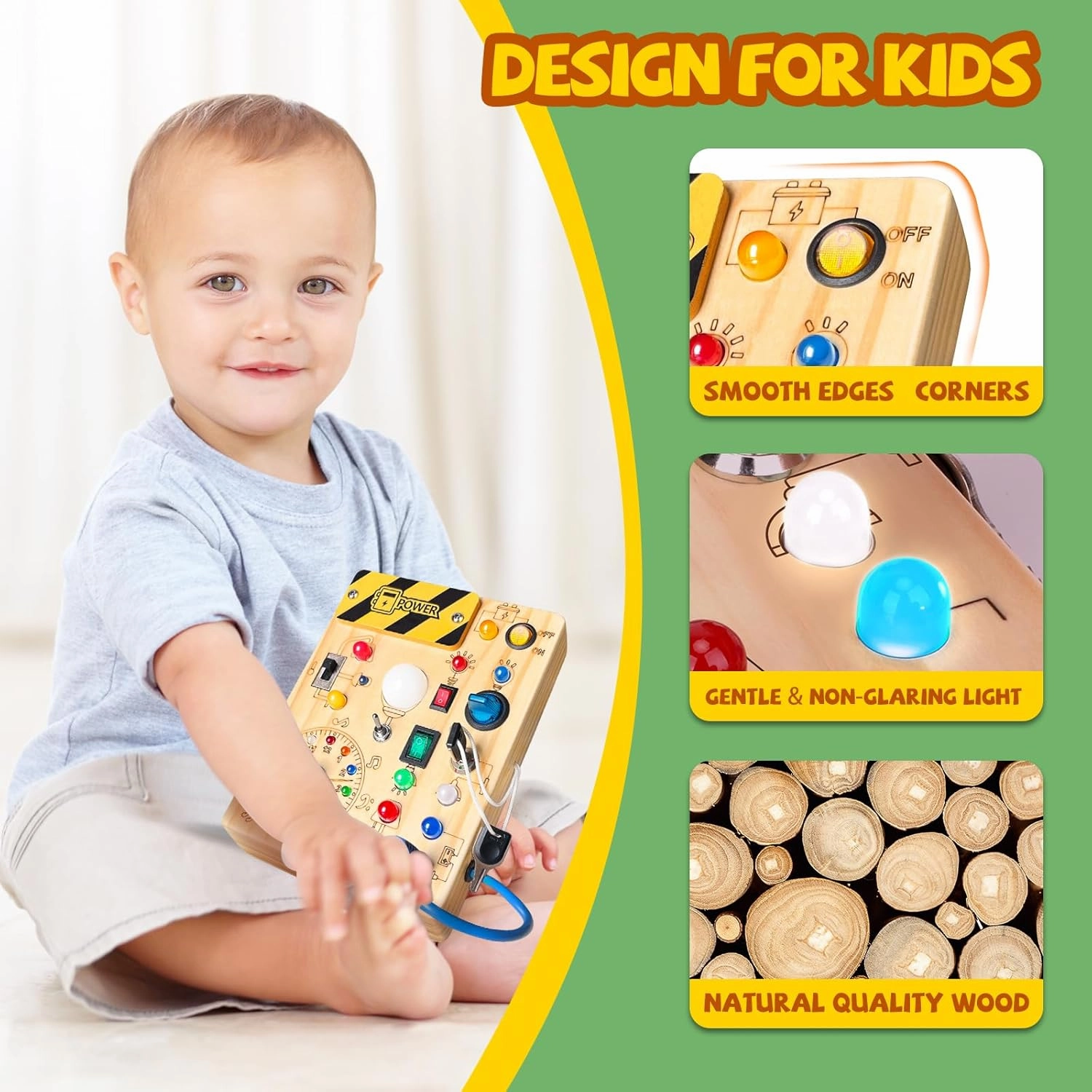 Busy Board, Montessori Toy for 1-3 Years Old, Wooden Toddler Sensory Travel Toy, Ideal Gift for 1  Year Old Boys (Busy Board Plus V2), Medium, Yellow