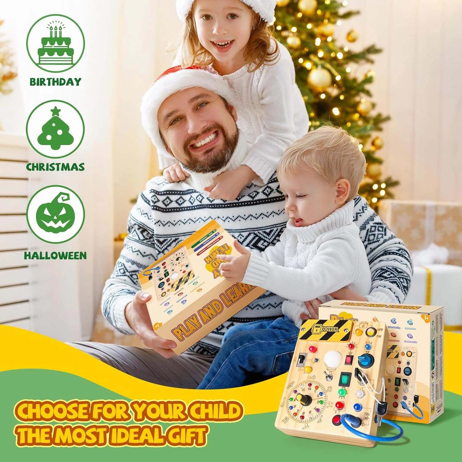 Busy Board, Montessori Toy for 1-3 Years Old, Wooden Toddler Sensory Travel Toy, Ideal Gift for 1  Year Old Boys (Busy Board Plus V2), Medium, Yellow