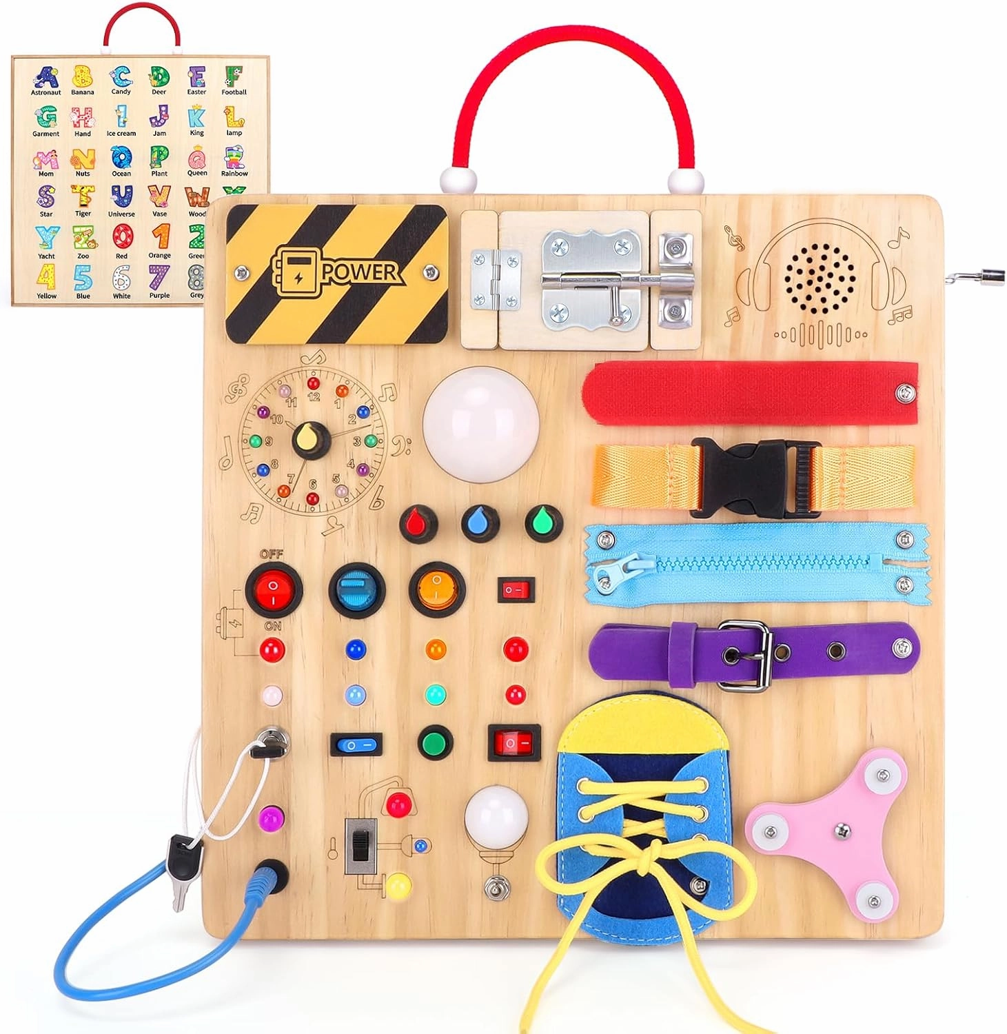 Busy Board,Montessori Toys for 1-3 Years Old, Wooden Toddler Toys, Autism Sensory Travel Toy, Ideal Gift for 1  Year Old Boys (Busy Board Plus v3)