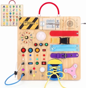 Busy Board,Montessori Toys for 1-3 Years Old, Wooden Toddler Toys, Autism Sensory Travel Toy, Ideal Gift for 1  Year Old Boys (Busy Board Plus v3)
