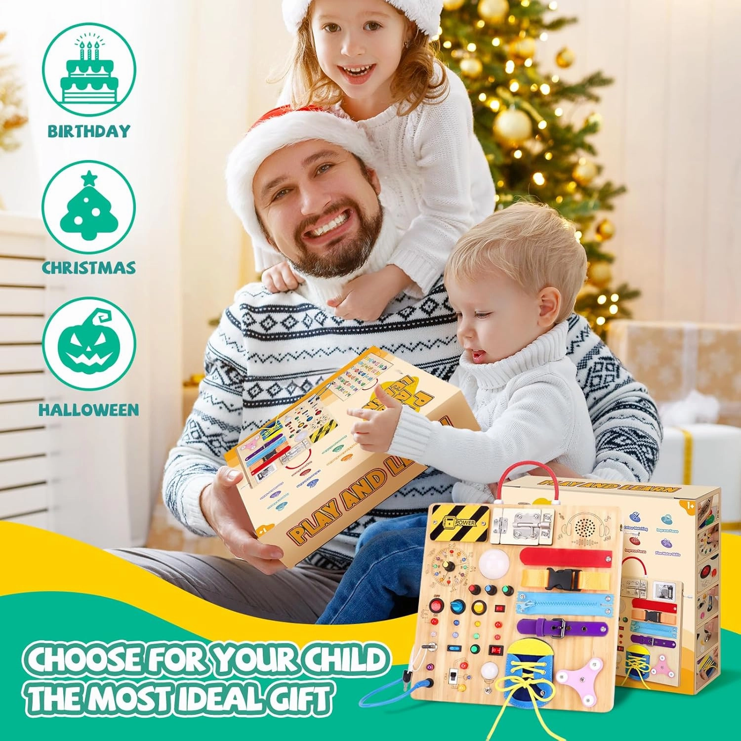 Busy Board,Montessori Toys for 1-3 Years Old, Wooden Toddler Toys, Autism Sensory Travel Toy, Ideal Gift for 1  Year Old Boys (Busy Board Plus v3)