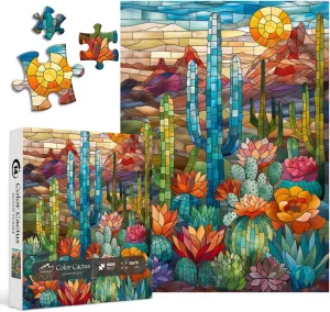 Cactus Puzzles for Adults 1000 Pieces and up, PICKFORU Stained Glass Puzzle Including Mosaic Art Cactus, Colorful Succulent Puzzles for Plant Lovers