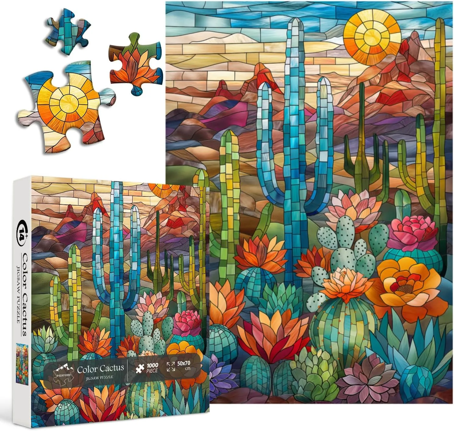 Cactus Puzzles for Adults 1000 Pieces and up, PICKFORU Stained Glass Puzzle Including Mosaic Art Cactus, Colorful Succulent Puzzles for Plant Lovers