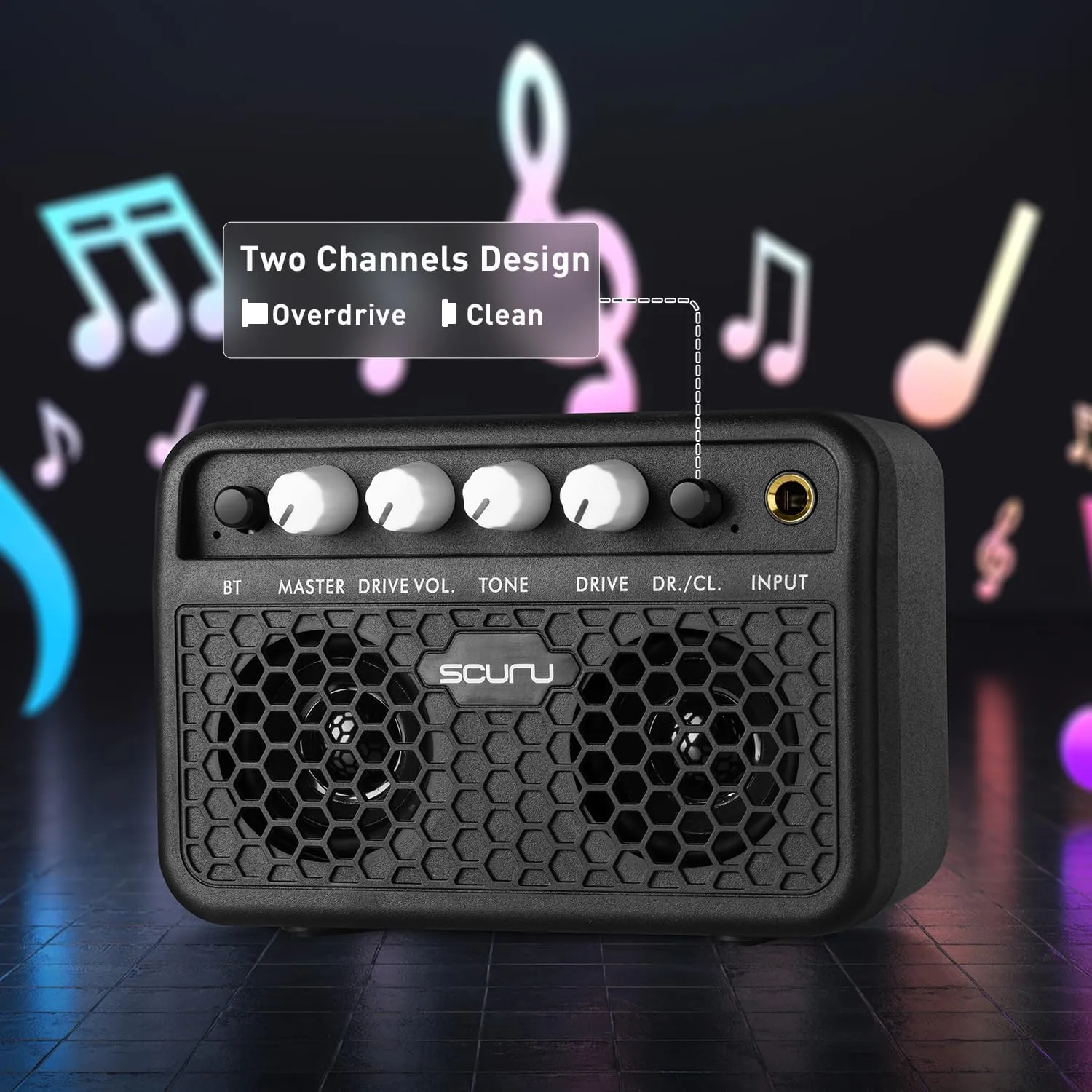 Caline Guitar Mini Amp, 5W Rechargeable Bluetooth Guitar Amplifer Combo for Desktop Practice, Dual Channel,with Headphone Jack, Black