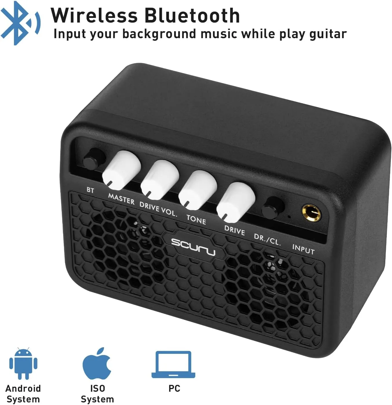 Caline Guitar Mini Amp, 5W Rechargeable Bluetooth Guitar Amplifer Combo for Desktop Practice, Dual Channel,with Headphone Jack, Black