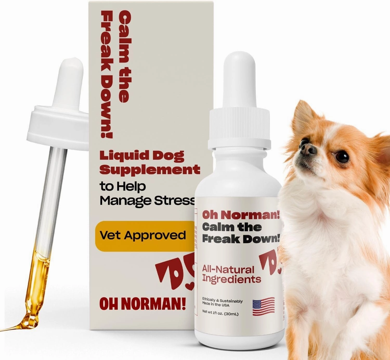 Calm Down! by Kaley Cuoco, All-Natural Stress Relief Supplement for Dogs, Vet Nutritionist Approved, for All Life Stages and Breeds,1 Fl Oz
