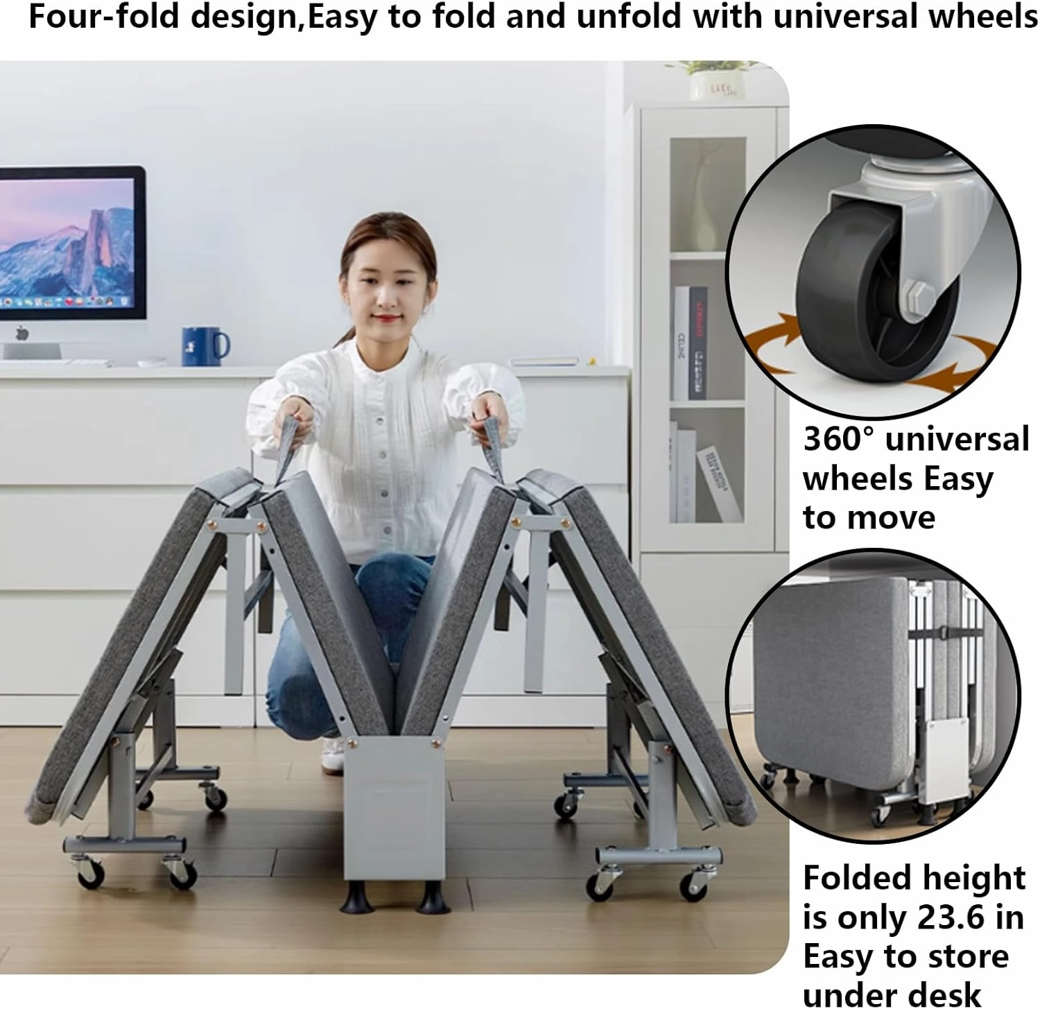 Camping Cot Sleeping Cots for Adults Four-Fold Design Universal Wheels No Installation Required Multi-Level Adjustment Suitable for Offices Living Rooms Hospitals 74.8 * 35.4 * 11.8 in