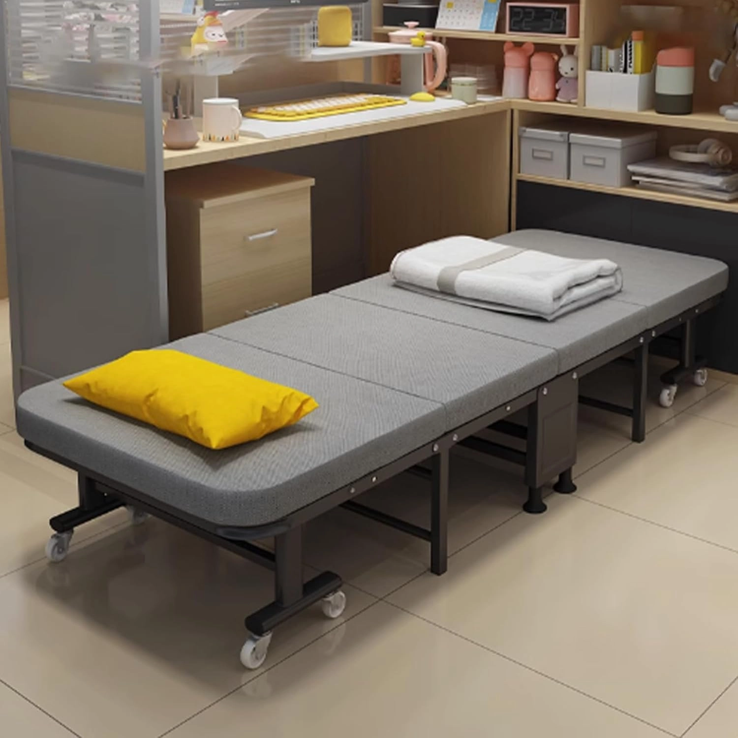 Camping Cot Sleeping Cots for Adults Four-Fold Design Universal Wheels No Installation Required Multi-Level Adjustment Suitable for Offices Living Rooms Hospitals 74.8 * 35.4 * 11.8 in