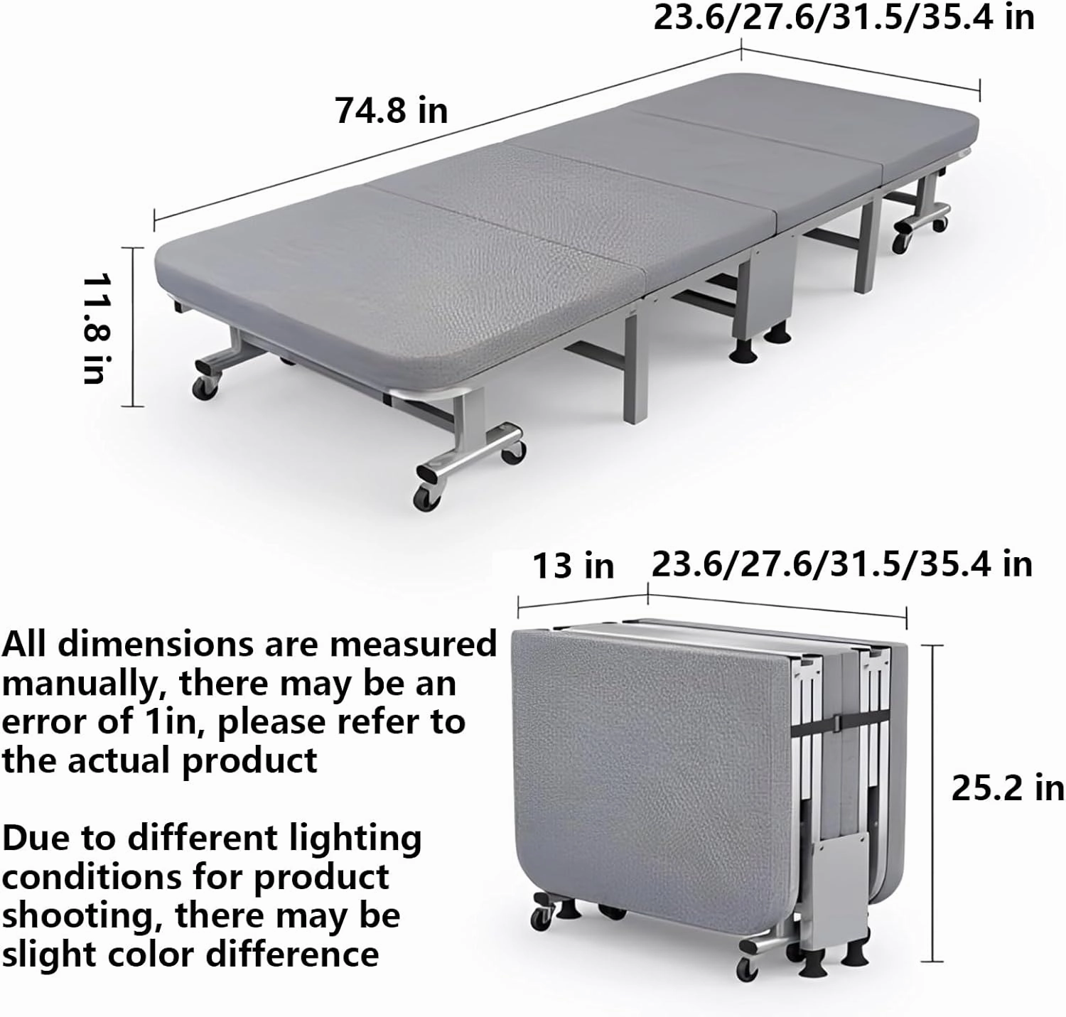 Camping Cot Sleeping Cots for Adults Four-Fold Design Universal Wheels No Installation Required Multi-Level Adjustment Suitable for Offices Living Rooms Hospitals 74.8 * 35.4 * 11.8 in