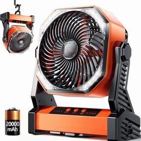 Camping LED Fan with Light,20000mAh Rechargeable Battery Powered Outdoor Tent Fan with Light and Hook, 4 Speed, Personal USB Desk Fan for Camping, Fishing, Power Outage,Hurricane, Worksite