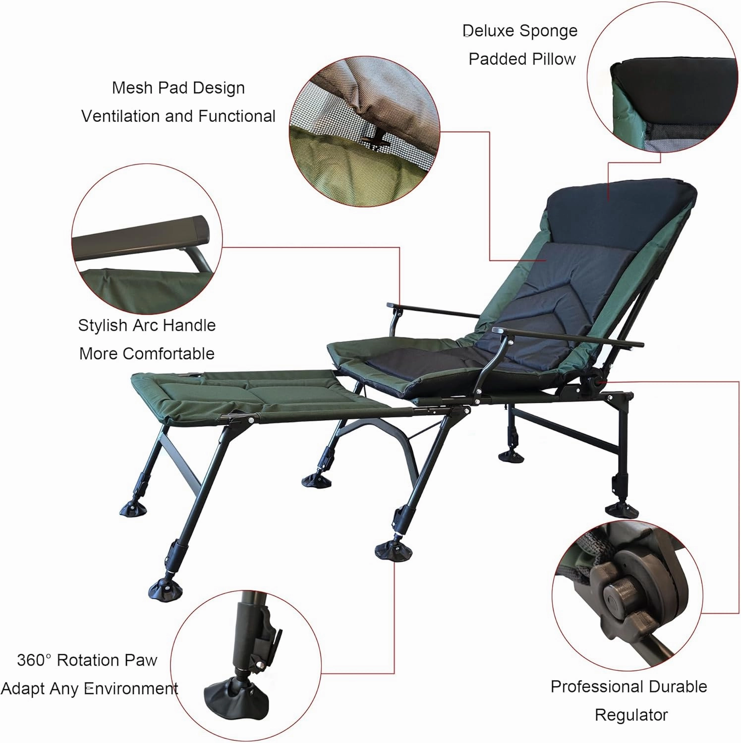 Camping Lounge Chair with Detachable Footrest, Portable Folding Reclining Chair, Camping Chair with Adjustable backrest for Indoor and Outdoor, Camping, Beach, Fishing (Black   Detachable Footrest)