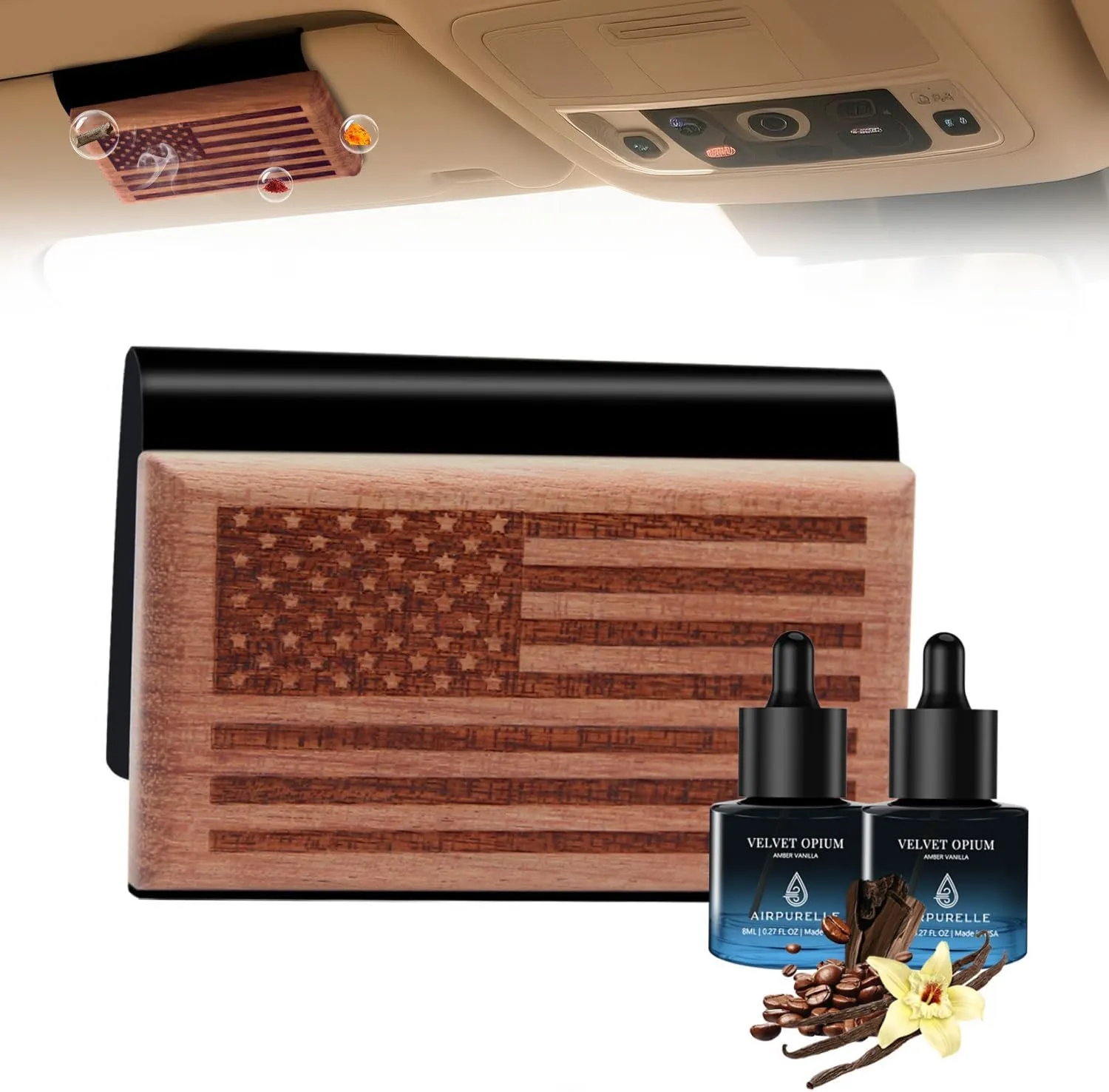Car Air Freshener for Men – 90  Days Long Lasting – Wood Car Freshener with Amber Vanilla Scent – Includes 2x 8ML Essential Oil Refills – 0.54 FL OZ, Made in USA
