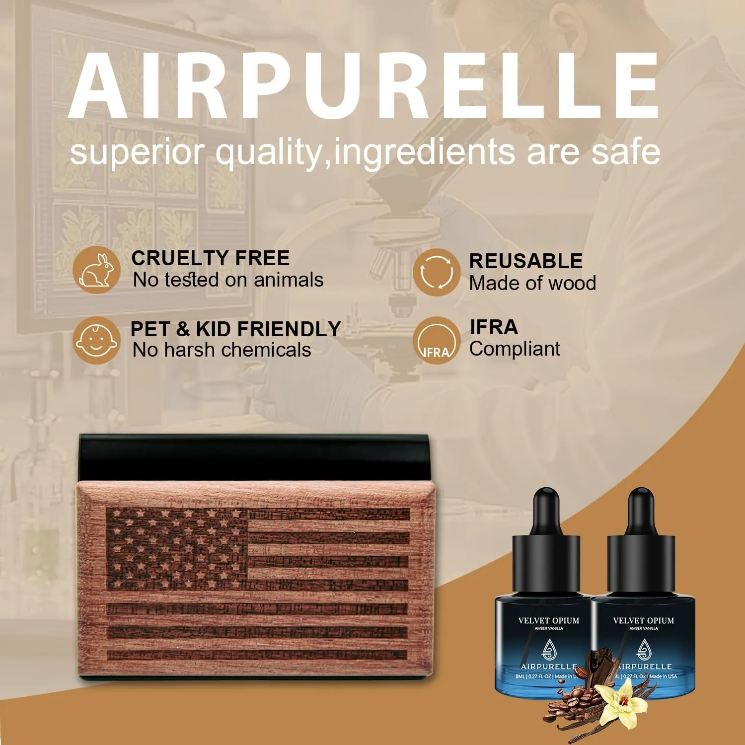 Car Air Freshener for Men – 90  Days Long Lasting – Wood Car Freshener with Amber Vanilla Scent – Includes 2x 8ML Essential Oil Refills – 0.54 FL OZ, Made in USA