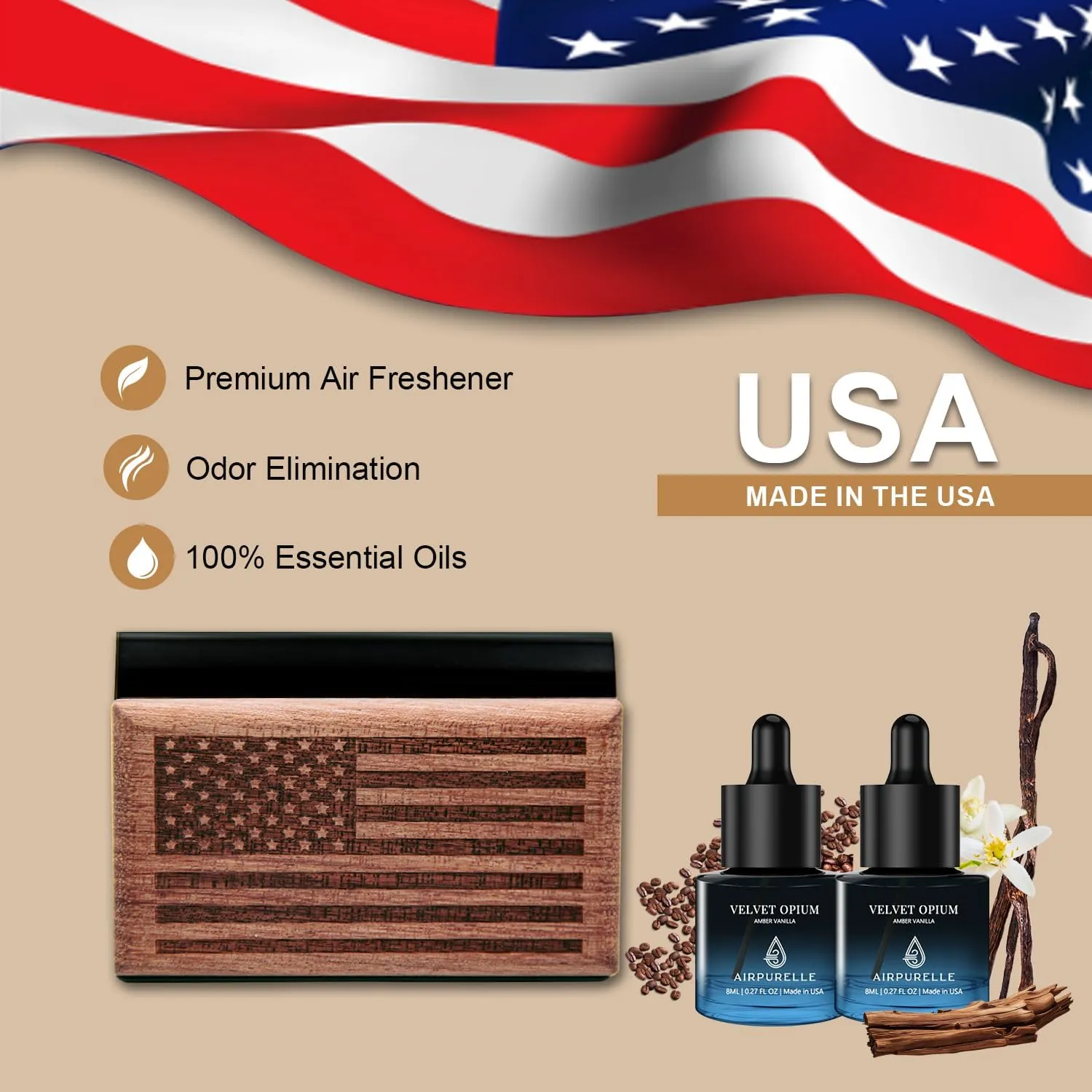 Car Air Freshener for Men – 90  Days Long Lasting – Wood Car Freshener with Amber Vanilla Scent – Includes 2x 8ML Essential Oil Refills – 0.54 FL OZ, Made in USA