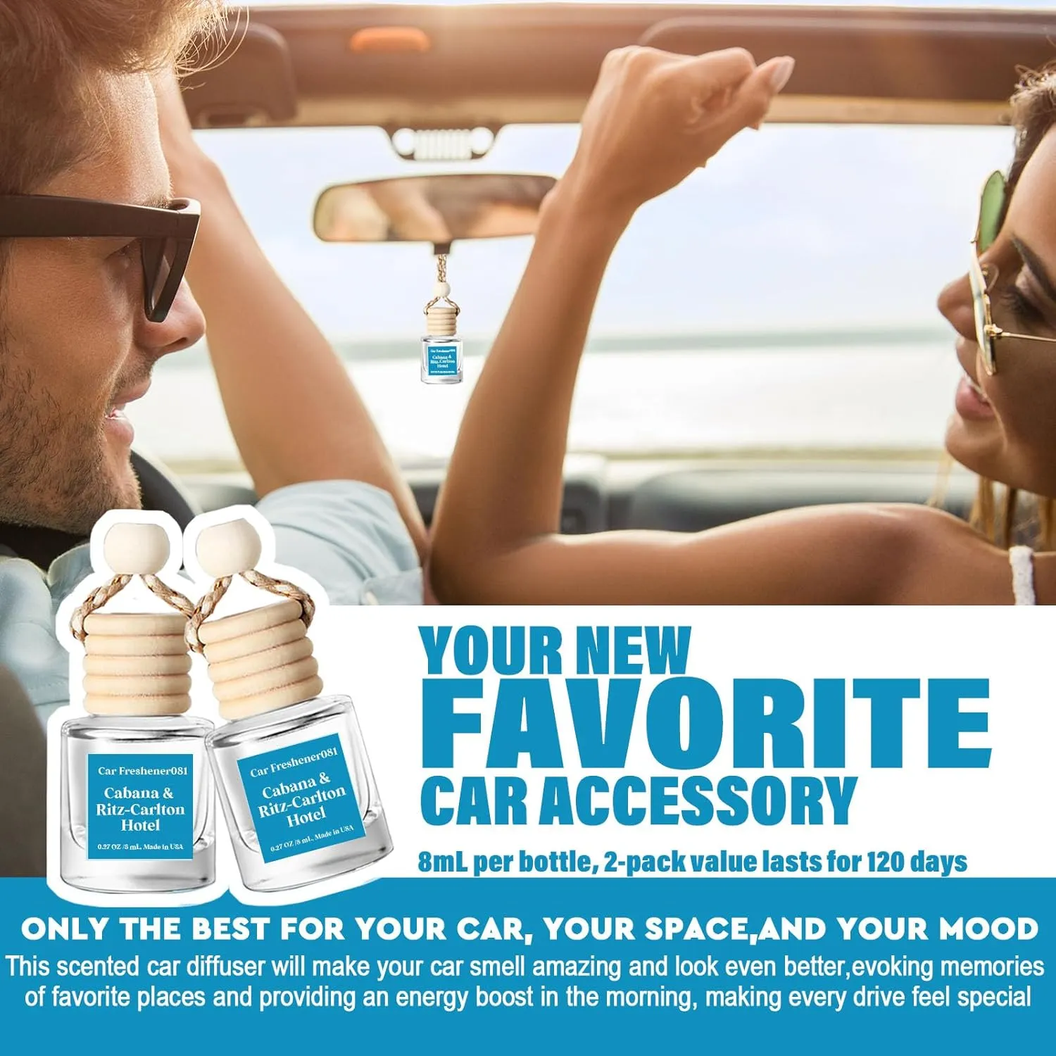 Car Air Freshener Hanging, Cabana & Ritz-Carlton Hotel scent,Essential Oil Diffuser for Car, Long Lasting Car Air Freshener, Made in USA