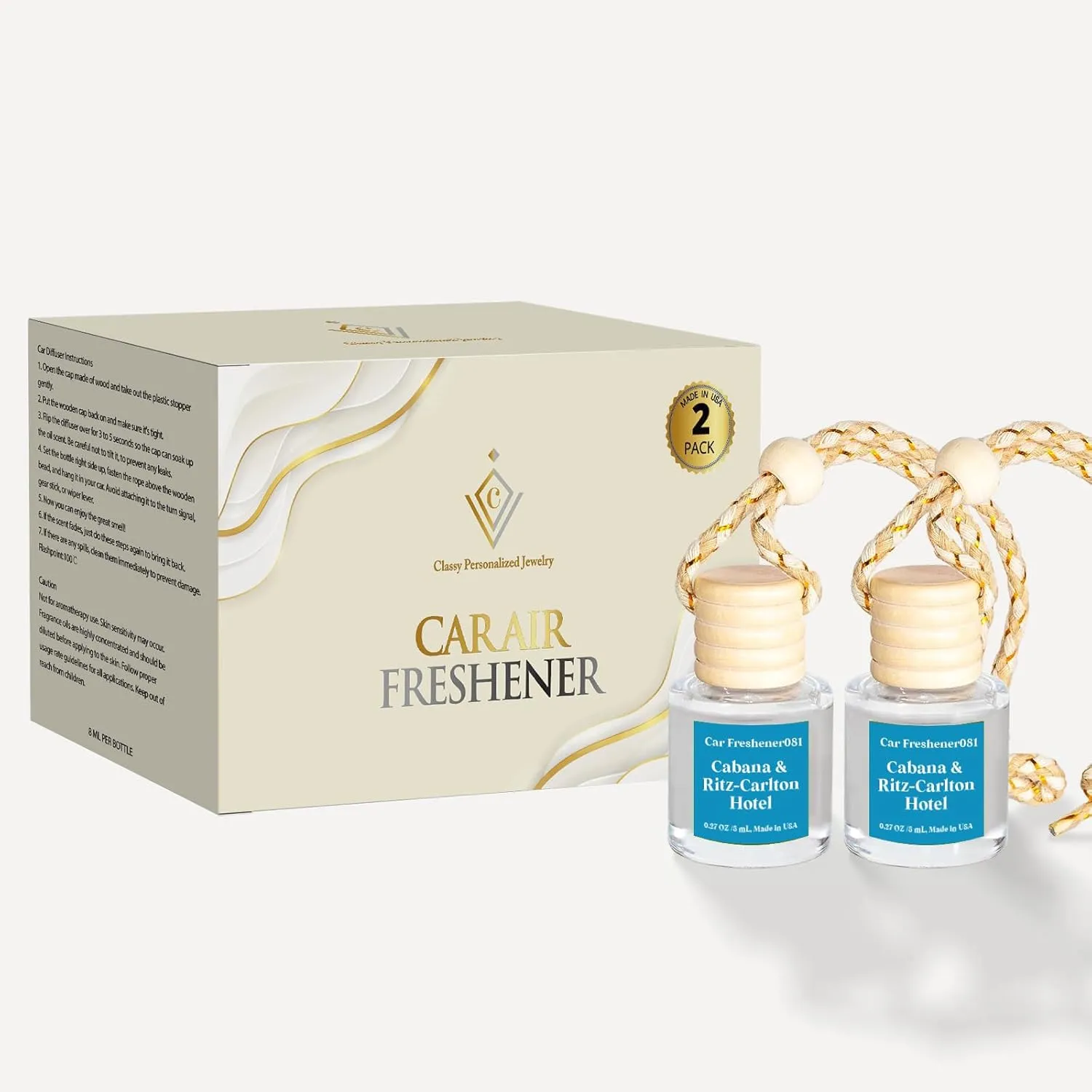 Car Air Freshener Hanging, Cabana & Ritz-Carlton Hotel scent,Essential Oil Diffuser for Car, Long Lasting Car Air Freshener, Made in USA