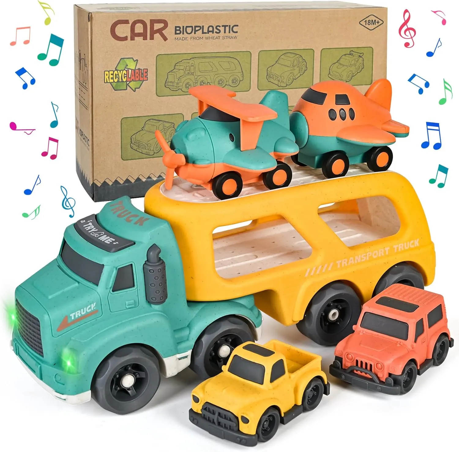 Car Carrier Toy Truck Light&Sound, Truck & Car Toys for Toddlers 1-3,2-4,3-5 Years Old Boys Girls,Christmas Birthday Gifts for 1-7 Year Kids.Wheat Straw Made Recycled Plastic, BPA Free