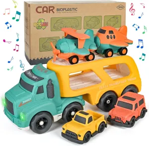 Car Carrier Toy Truck Light&Sound, Truck & Car Toys for Toddlers 1-3,2-4,3-5 Years Old Boys Girls,Christmas Birthday Gifts for 1-7 Year Kids.Wheat Straw Made Recycled Plastic, BPA Free