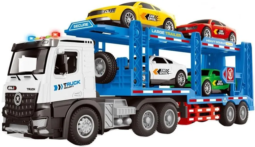 Car Carrier Truck Toy for Kids, Transporter Truck with 4 Racing Cars, Semi Toy with Openable Doors & Lights & Sounds, Birthday Gifts for Age 3 4 5 6  Years Old Boys Girls 22"