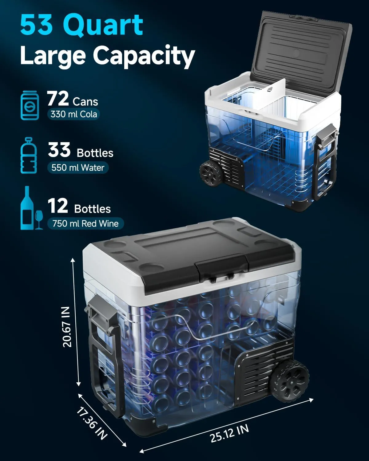 Car Fridge Portable 12 Volt Refrigerator - 53 Quart(50L) Electric Cooler with 12/24V DC&110-240V AC for Truck Van RV Camper SUV, 12v Cooler with Wheels for Camping Boat Travel, -4~68°F