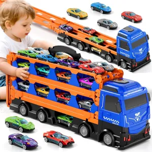 Car Truck Toys, 78-Inch Race Track Transport Truck Set with 24 Die-Cast Metal Cars, Foldable Carrier Toy for Kids 3-5, Christmas Birthday Gift for Toddlers ages 3 4 5 6 7  Years Old Boys Girls