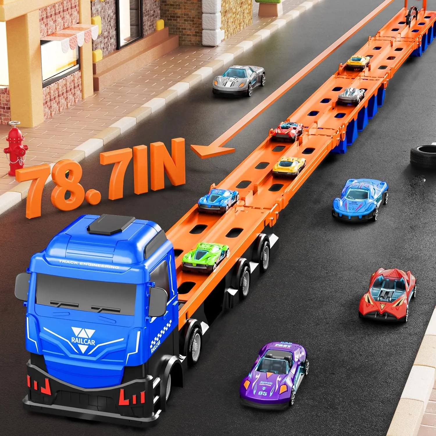 Car Truck Toys, 78-Inch Race Track Transport Truck Set with 24 Die-Cast Metal Cars, Foldable Carrier Toy for Kids 3-5, Christmas Birthday Gift for Toddlers ages 3 4 5 6 7  Years Old Boys Girls