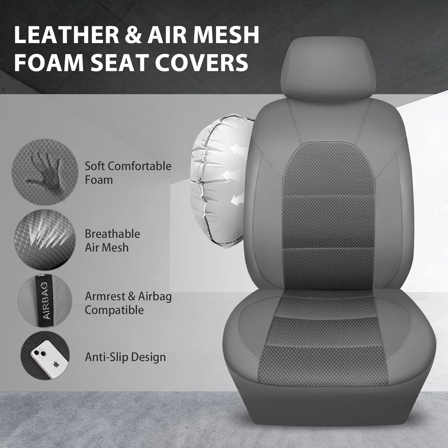 CAR PASS Leather Car Seat Covers Breathable Seat Cover Full Sets Airbag Compatible for Most Cars, SUVs, Trucks, and Vans (Full Set, Gray)