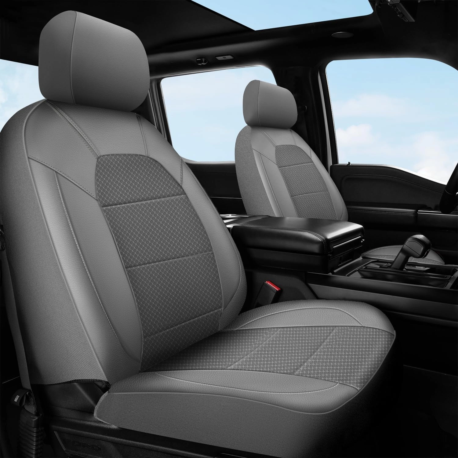 CAR PASS Leather Car Seat Covers Breathable Seat Cover Full Sets Airbag Compatible for Most Cars, SUVs, Trucks, and Vans (Full Set, Gray)