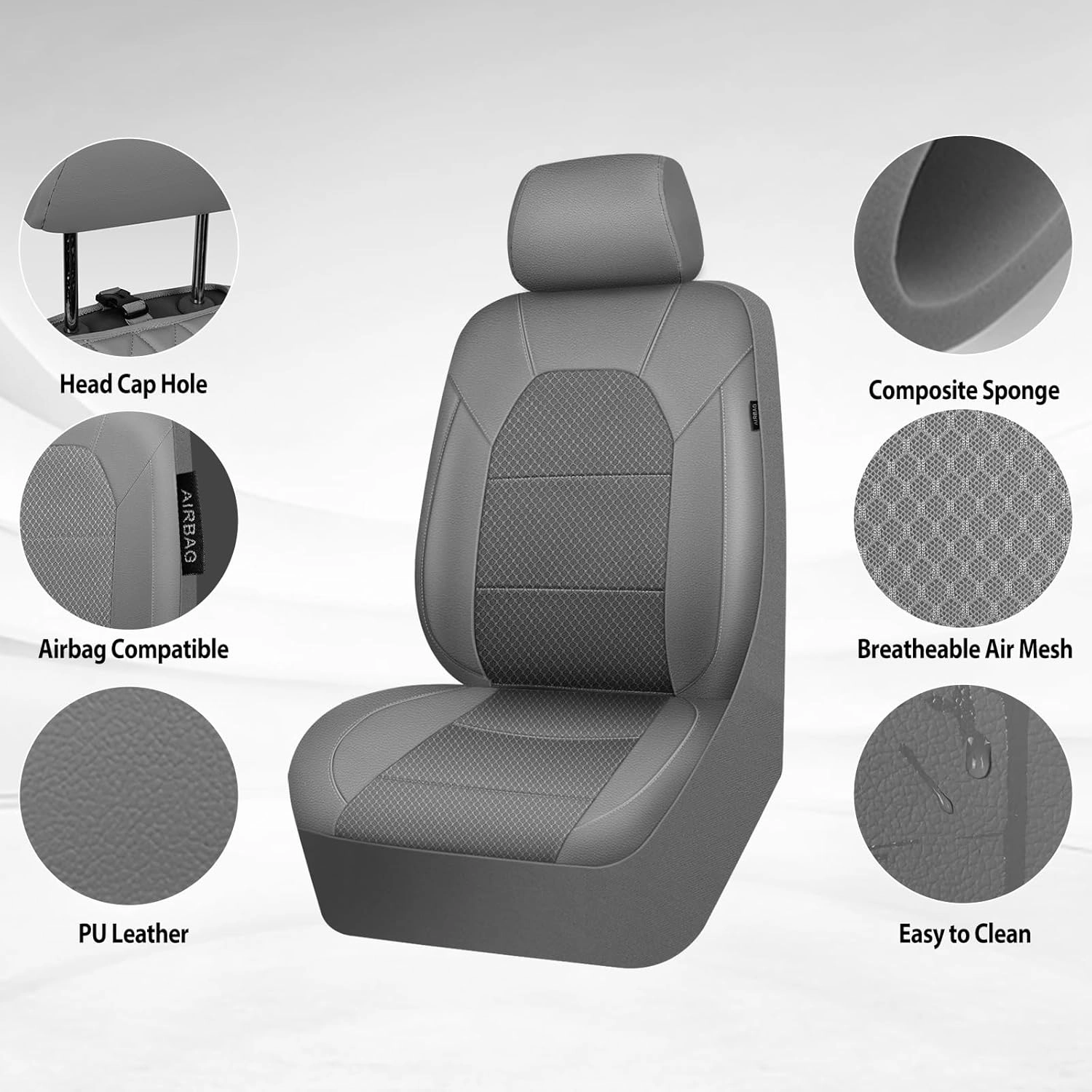 CAR PASS Leather Car Seat Covers Breathable Seat Cover Full Sets Airbag Compatible for Most Cars, SUVs, Trucks, and Vans (Full Set, Gray)