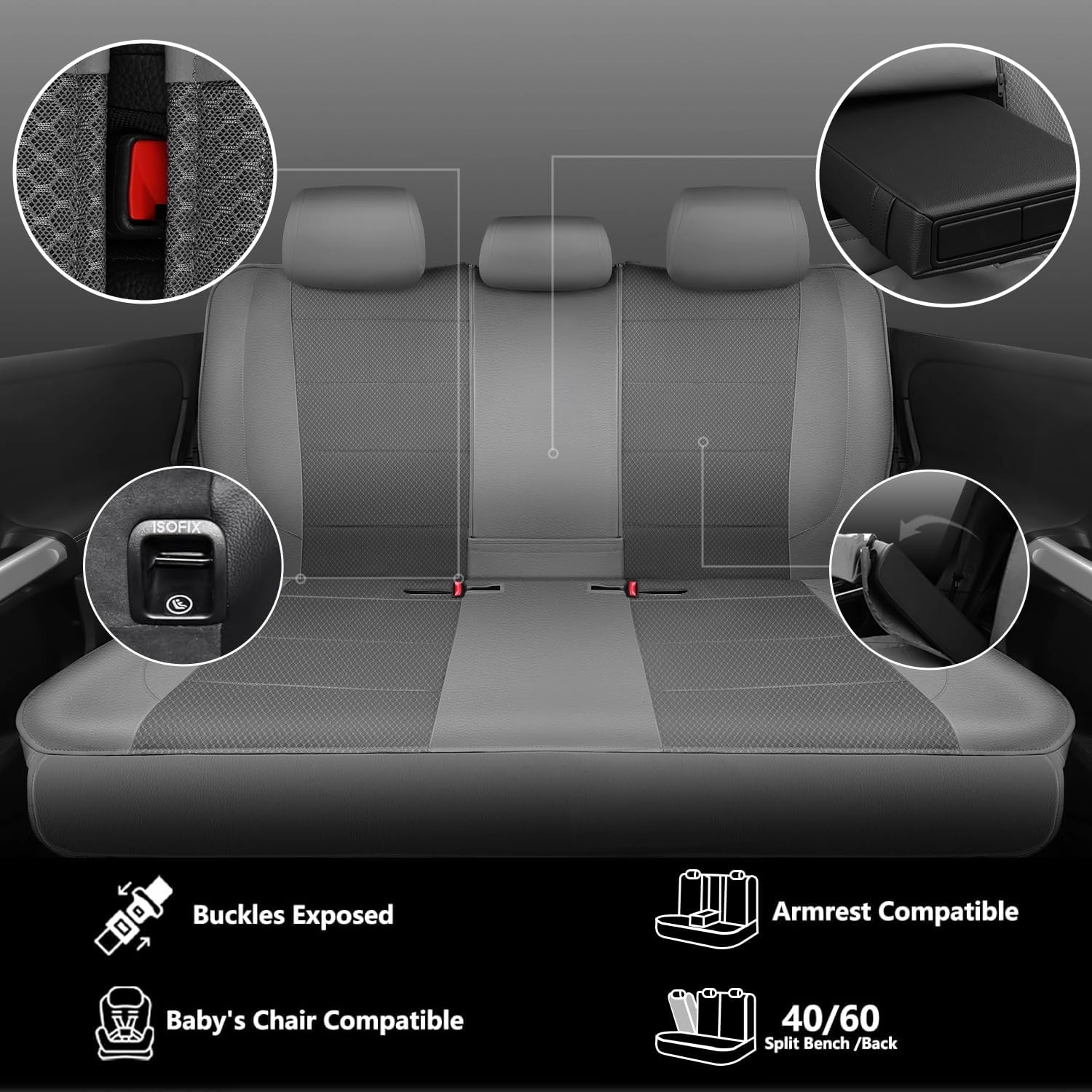 CAR PASS Leather Car Seat Covers Breathable Seat Cover Full Sets Airbag Compatible for Most Cars, SUVs, Trucks, and Vans (Full Set, Gray)