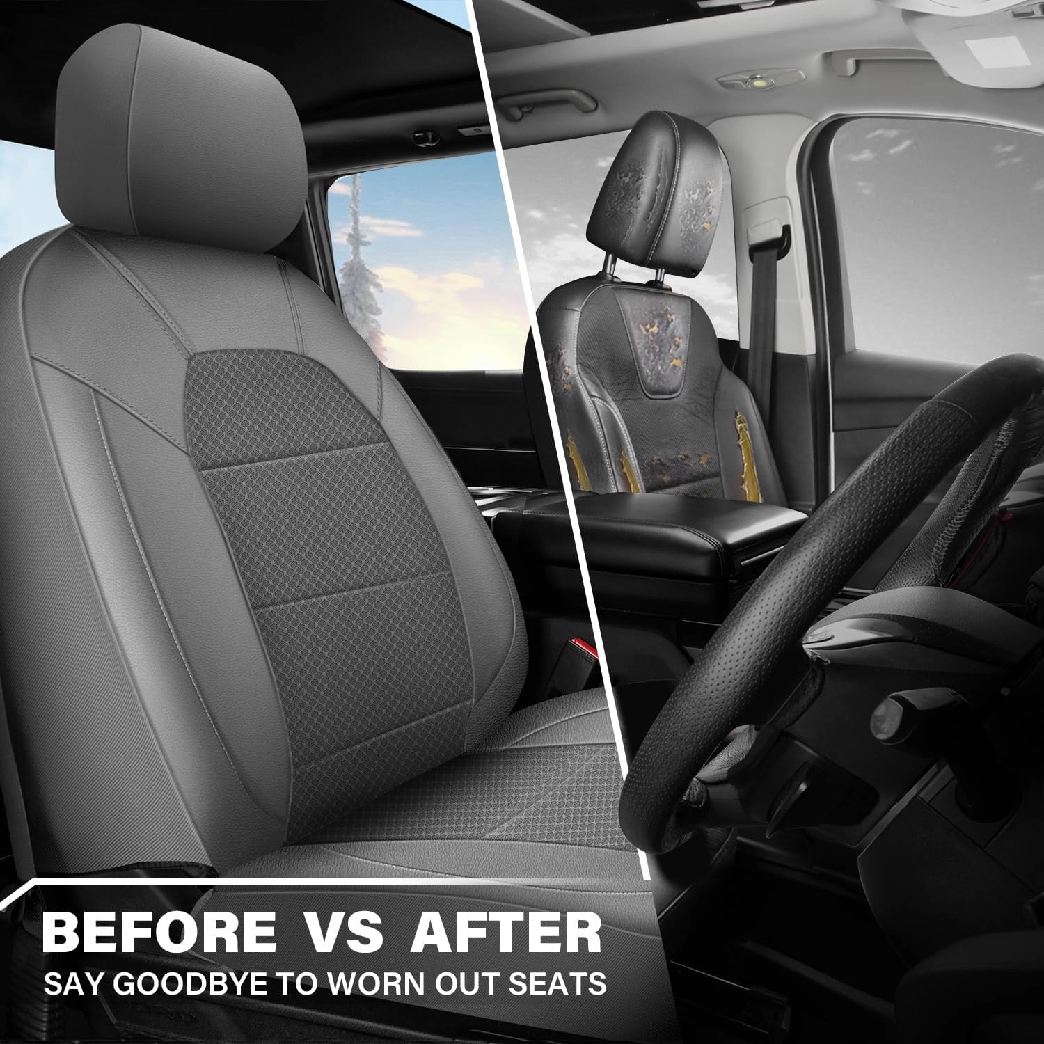 CAR PASS Leather Car Seat Covers Breathable Seat Cover Full Sets Airbag Compatible for Most Cars, SUVs, Trucks, and Vans (Full Set, Gray)