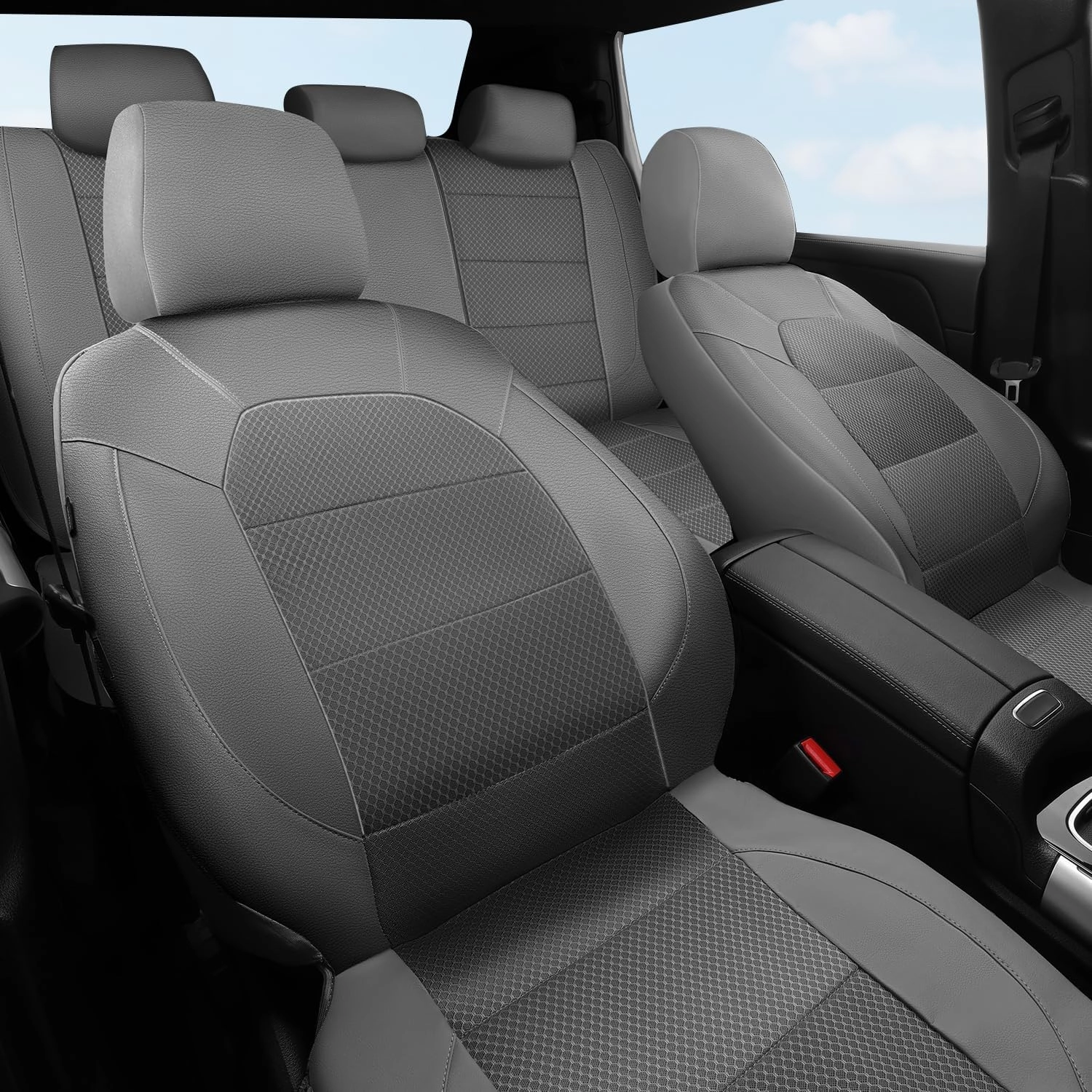 CAR PASS Leather Car Seat Covers Breathable Seat Cover Full Sets Airbag Compatible for Most Cars, SUVs, Trucks, and Vans (Full Set, Gray)