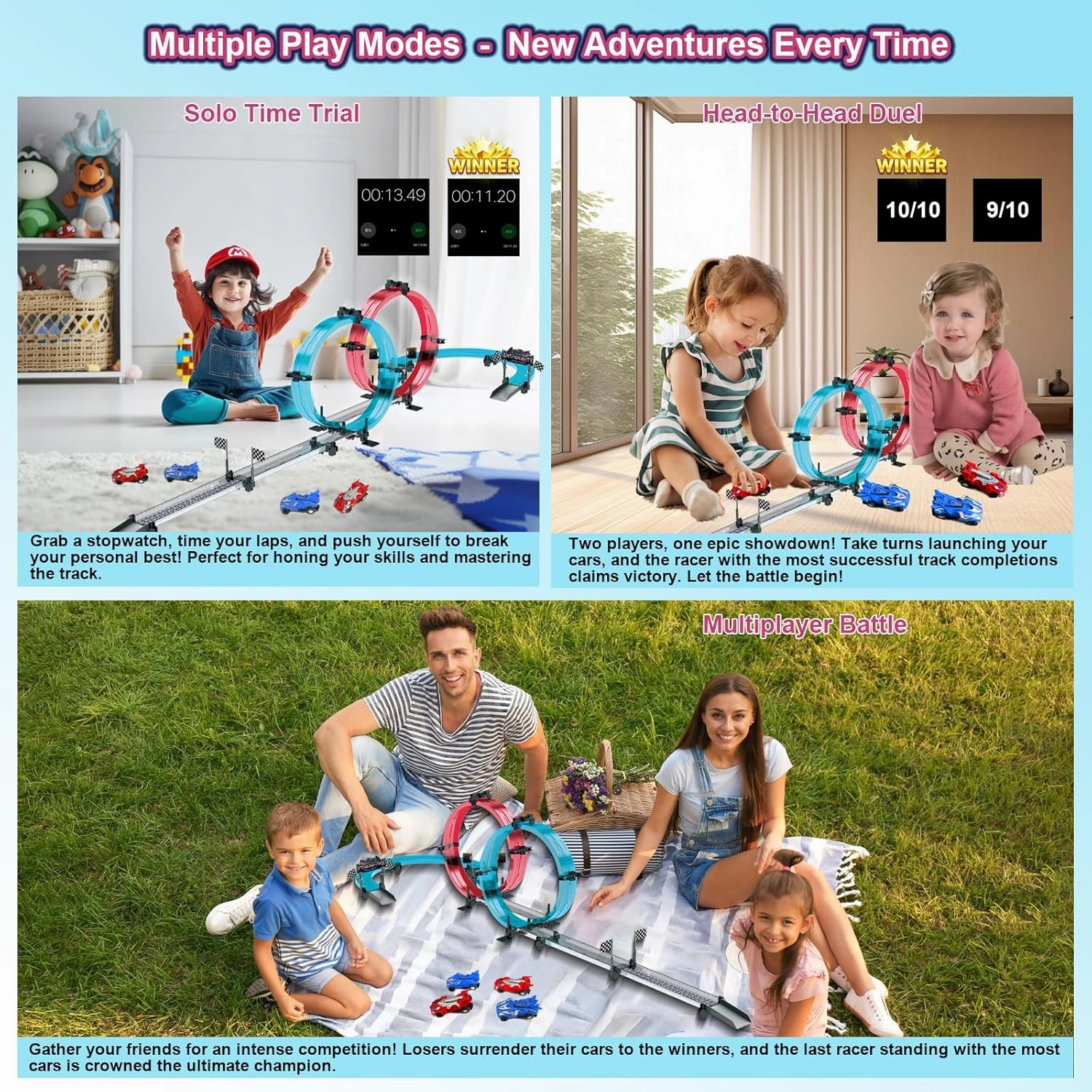 Car Race Track Sets with 4 Pull-Back Cars, 360° Loops, Cross Overpass & Curves, High-Speed Racing Game Track for Boys Kids Birthday Gift Ages 6-12