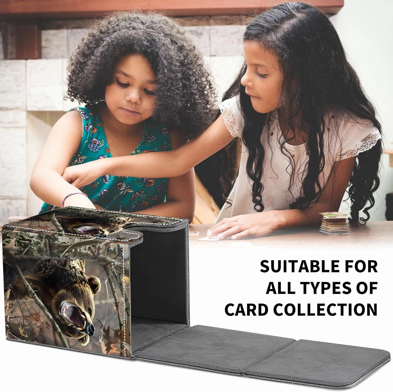 Card Deck Box for MTG Trading Cards, Magic Card Box Can Hold 110  Single Sleeved Cards, Waterproof PU Leather Material, Strong Magnetic Buckle Card Set Box Suitable for TCG CCG, Camouflaged Tree Bear