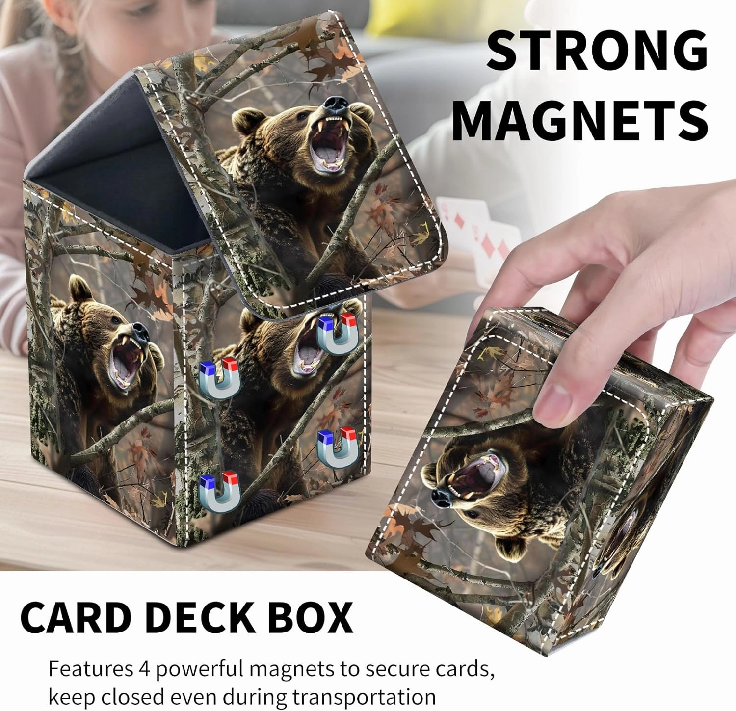 Card Deck Box for MTG Trading Cards, Magic Card Box Can Hold 110  Single Sleeved Cards, Waterproof PU Leather Material, Strong Magnetic Buckle Card Set Box Suitable for TCG CCG, Camouflaged Tree Bear