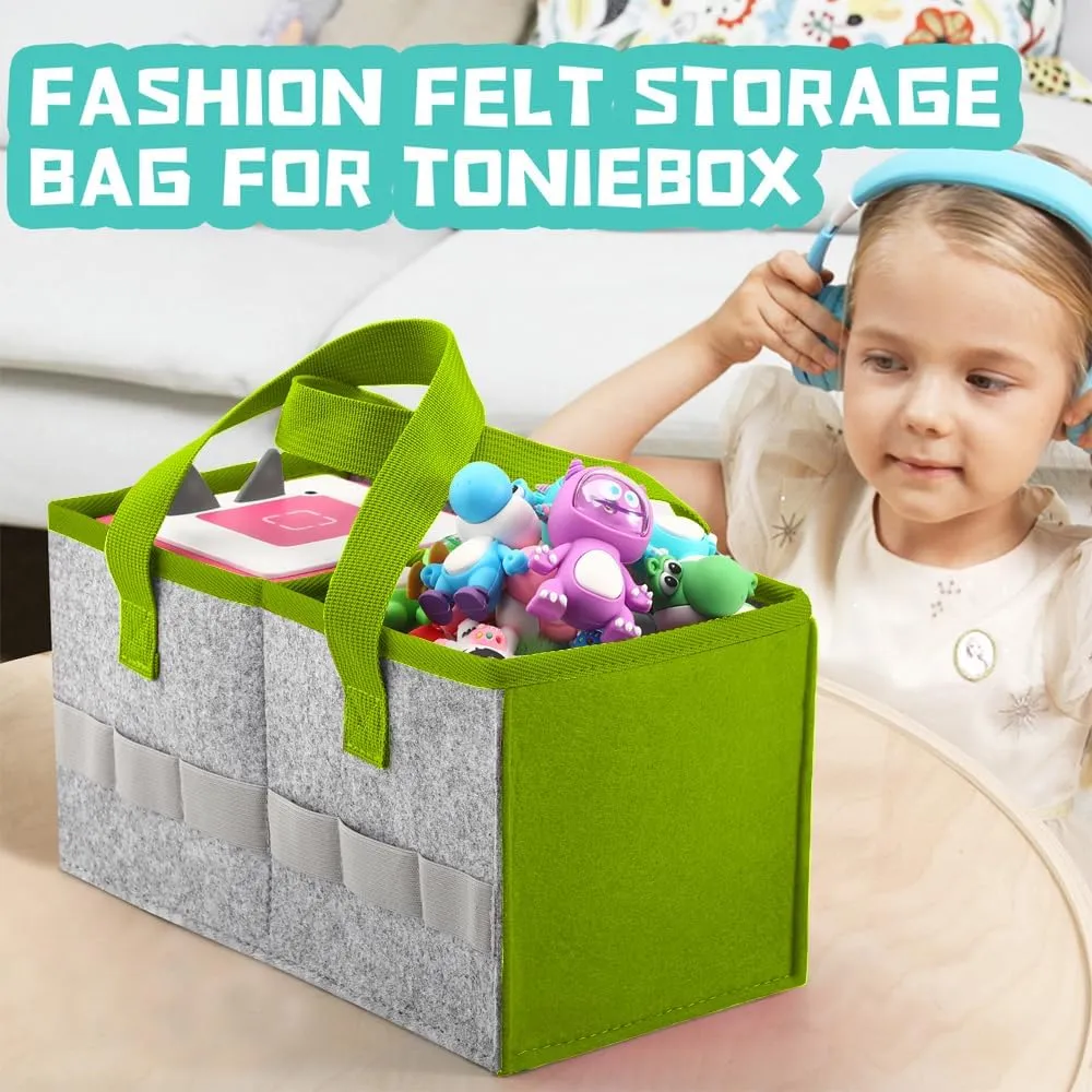 Carrying Case for Toniebox Starter Set and Tonies Figurines, Travel Felt Cloth Musical Toy Folding Bag for Toniebox Accessories (Green)