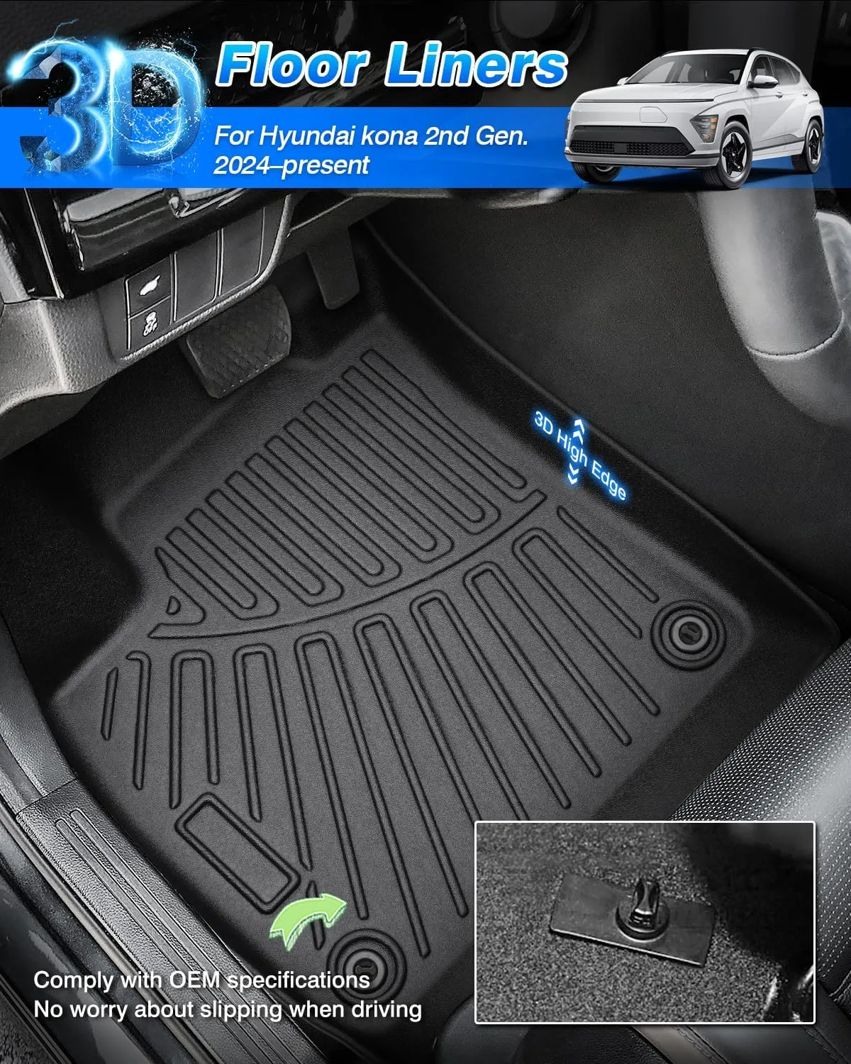 Cartist Floor Mats and Cargo Liner Fit for Hyundai Kona 2024 2025 (No Electric Model) Limited | N Line | SE | SEL Accessories All Weather TPE 1st & 2nd Row Car Rear Trunk Mats