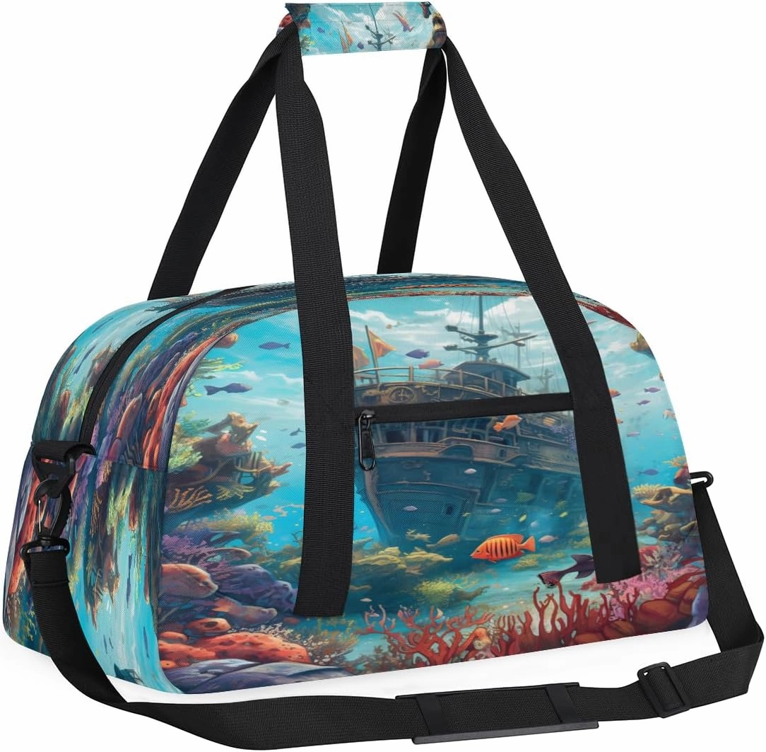 Cartoon Underwater Ship Kids Overnighter Duffel Bags for Boys, Carry-On Size Sports Gym Bag with Front Zipper Pocket for School Practice or Overnight Travel Weekender Sleepover Tote Bag