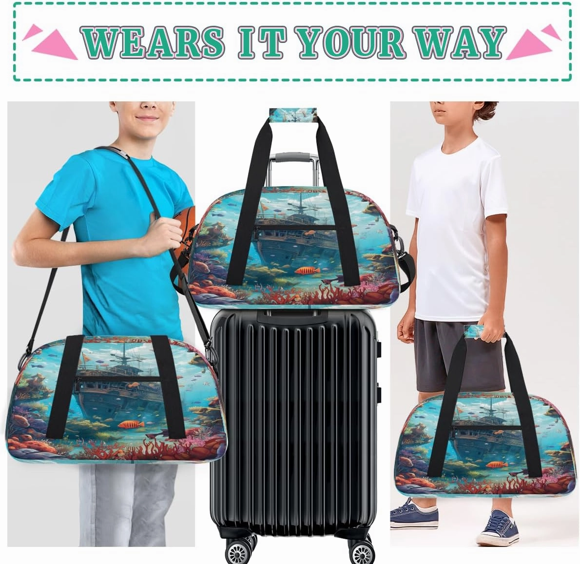 Cartoon Underwater Ship Kids Overnighter Duffel Bags for Boys, Carry-On Size Sports Gym Bag with Front Zipper Pocket for School Practice or Overnight Travel Weekender Sleepover Tote Bag