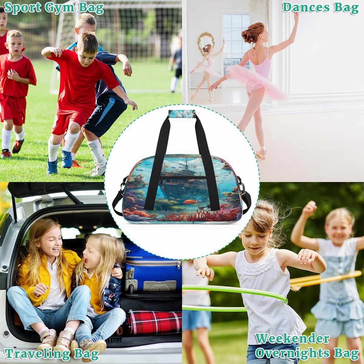 Cartoon Underwater Ship Kids Overnighter Duffel Bags for Boys, Carry-On Size Sports Gym Bag with Front Zipper Pocket for School Practice or Overnight Travel Weekender Sleepover Tote Bag