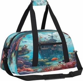 Cartoon Underwater Ship Kids Overnighter Duffel Bags for Boys, Carry-On Size Sports Gym Bag with Front Zipper Pocket for School Practice or Overnight Travel Weekender Sleepover Tote Bag